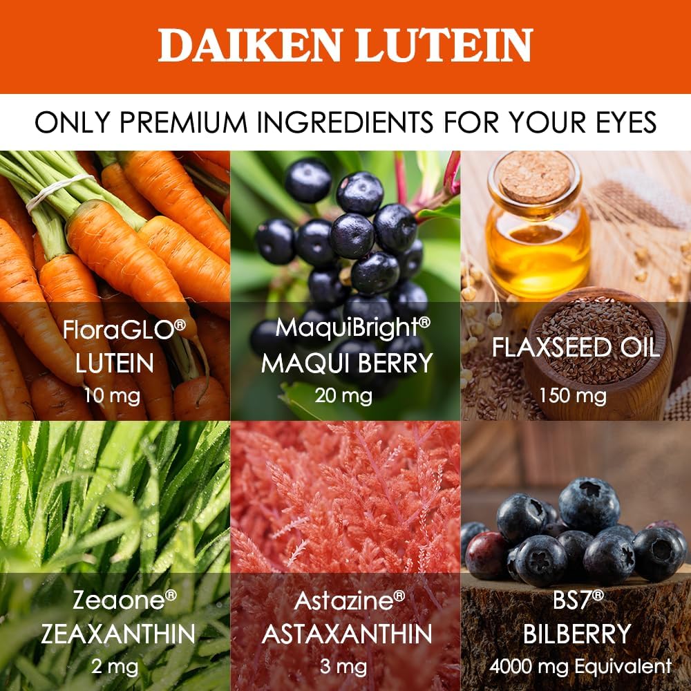 DAIKEN Lutein and Zeaxanthin Supplements, AREDS 2 Inspired Formula with Astaxanthin, Maqui Berry, Bilberry, Flaxseed Oil & Vitamin E, 30 Softgels (Pack of 2)
