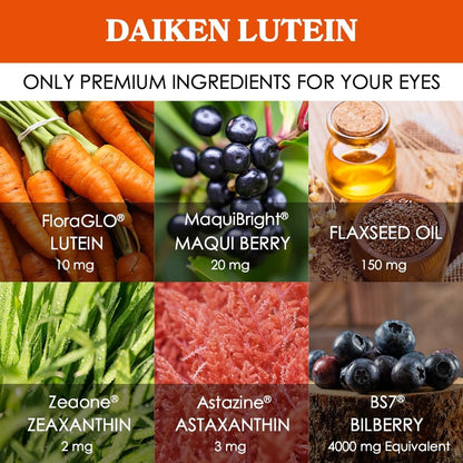 DAIKEN Bundle: Kids Fish Oil Omega-3 Gummies 300mg DHA/EPA w/Vitamin D3, Norwegian Sourced & Lutein Zeaxanthin Supplement, Plant-Based Formula w/Astaxanthin, Maqui Berry & Bilberry, 30ct + 30 Softgel