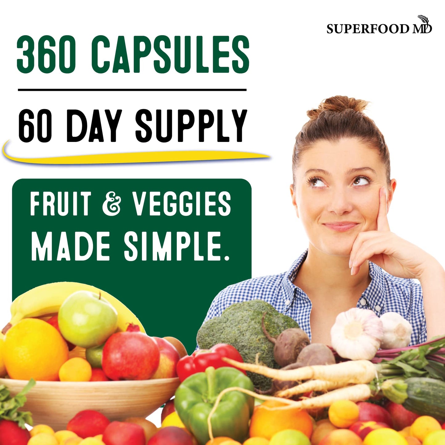 Superfood Fruit and Veggie Supplement - 360 Whole Super Fruit and Vegetable Supplements & Vitamin with Beta-Carotene, Soy Free- 180 Count (Pack of 2)