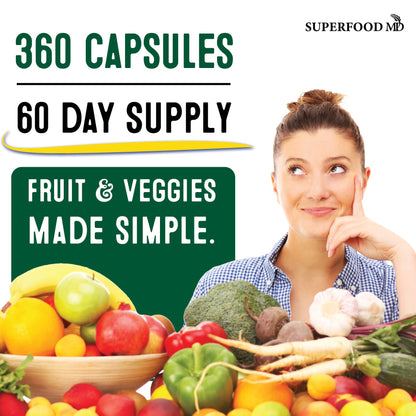 Superfood Fruit and Veggie Supplement - 360 Whole Super Fruit and Vegetable Supplements & Vitamin with Beta-Carotene, Soy Free- 180 Count (Pack of 2)