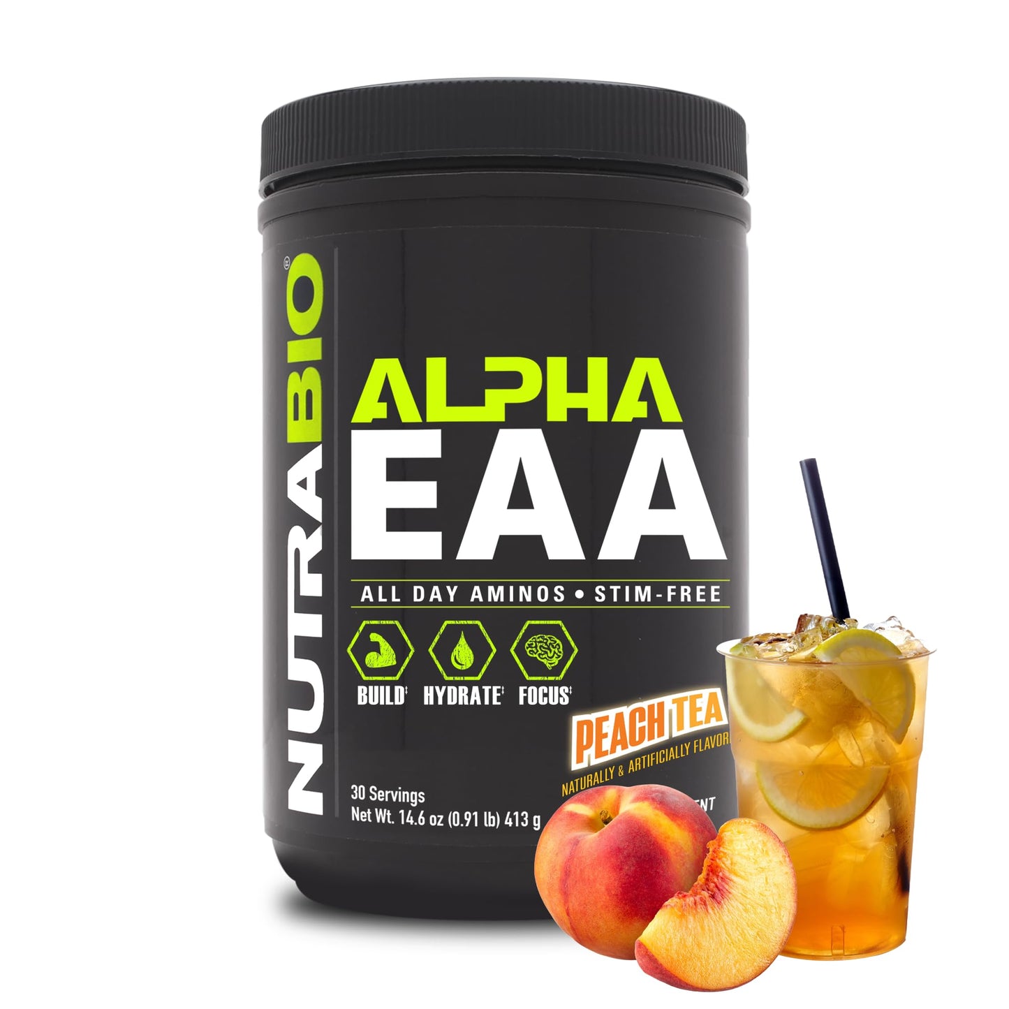 NutraBio Alpha EAA - All-Day Amino Acids for Muscle Growth and Hydration - Essential Amino Acids with Nootropics & Adaptogens- Full Spectrum EAA BCAA Powder - 30 Servings - Strawberry Lemon