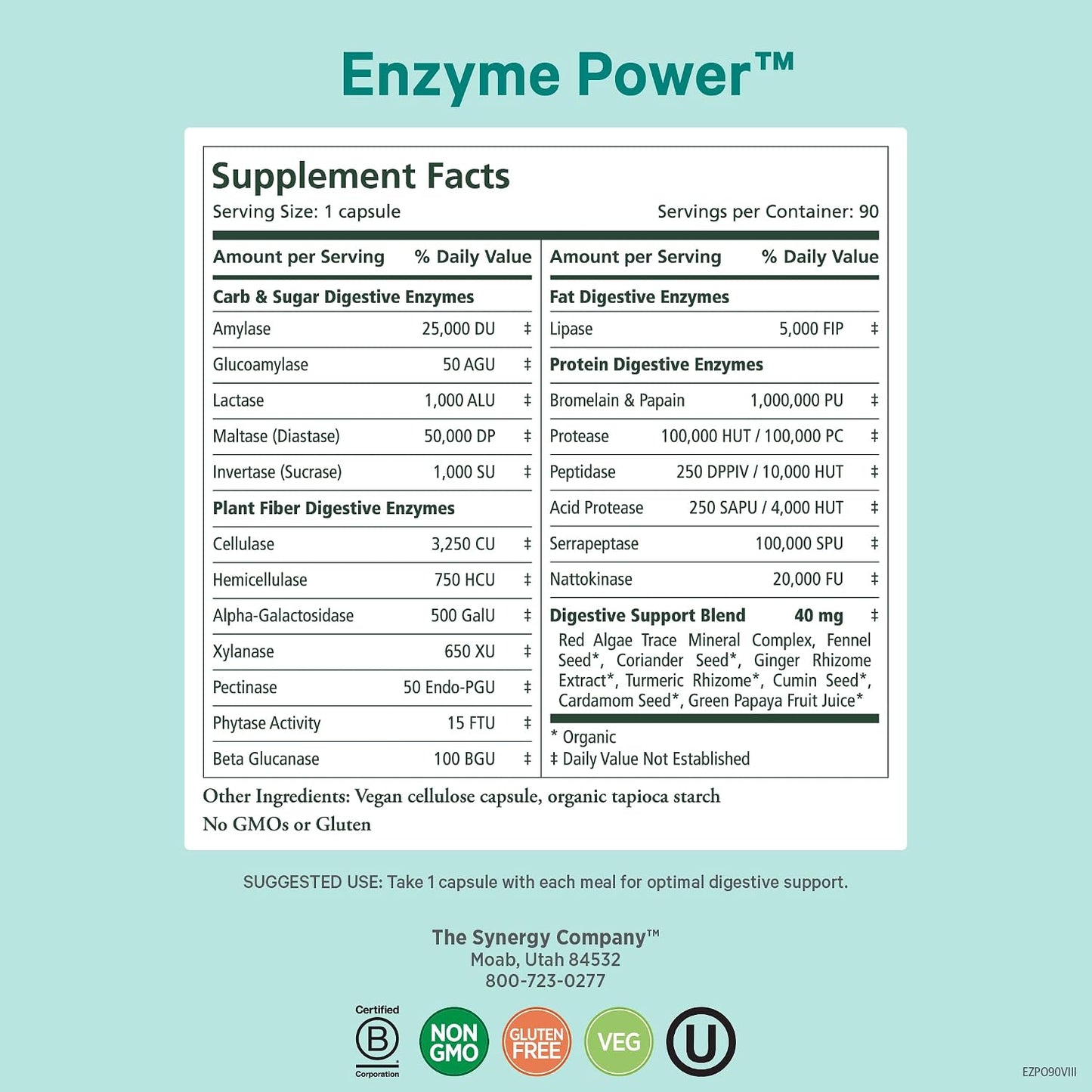 PURE SYNERGY Enzyme Power | Digestive Enzyme Supplement | Digestive Health Enzymes with Nattokinase, Bromelain, and Serrapeptase | for Digestive and Gut Health (90 Capsules)