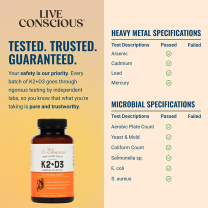Live Conscious Vitamin K2 MK7 with D3 Supplement | Bone & Heart Health Support - Patented Vitamin K & Vitamin D3 5000 IU - 60 Softgels