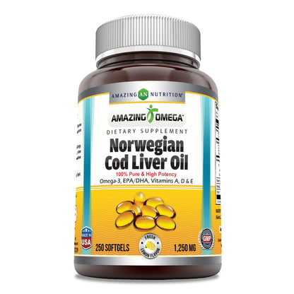 Amazing Omega Norwegian Cod Liver Oil 1250 Mg Softgels Supplement | Omega-3, EPA, DHA, Vitamin A, Vitamin D & Vitamin E (Lemon | 120 Count)