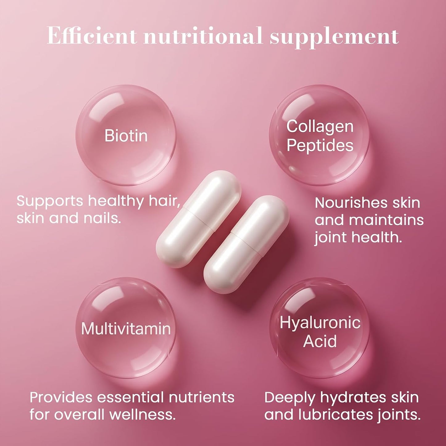 Hair Skin & Nails Vitamins Supplement for Women,with Biotin,Collagen Peptides,Hyaluronic Acid,Vitamin A, C, E, B5,B6,Support Skin Moisture and Suppleness,Hair and Nails Health,120 Capsules