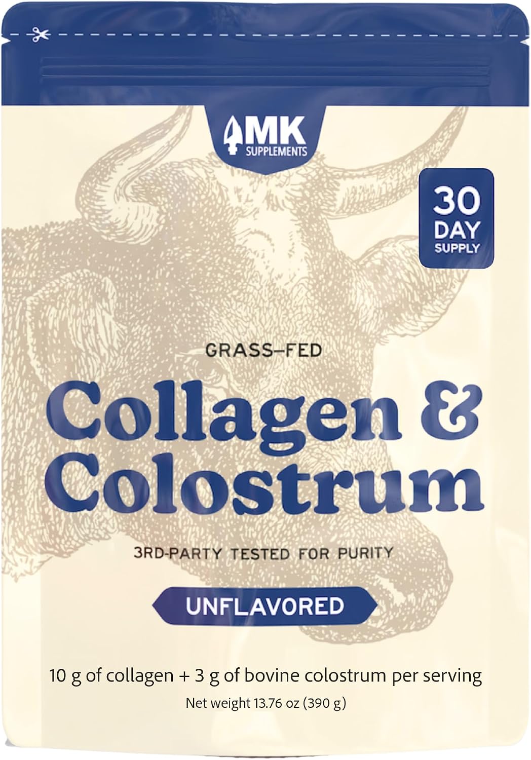 MK Supplements Grass-Fed Collagen & Colostrum Powder, Unflavored, IgG 21% | Collagen Types I & II plus Bone Peptides and Whole-Food Calcium Matrix, New Zealand Raised