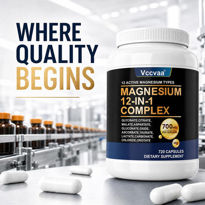 Magnesium Complex 700mg | 12-in-1 High Absorption Supplement | Glycinate, Citrate, Malate, Taurate & More | Sleep Support, Muscle Cramp Relief, Stress, Heart & Nerve Health | 120 Vegan Capsules