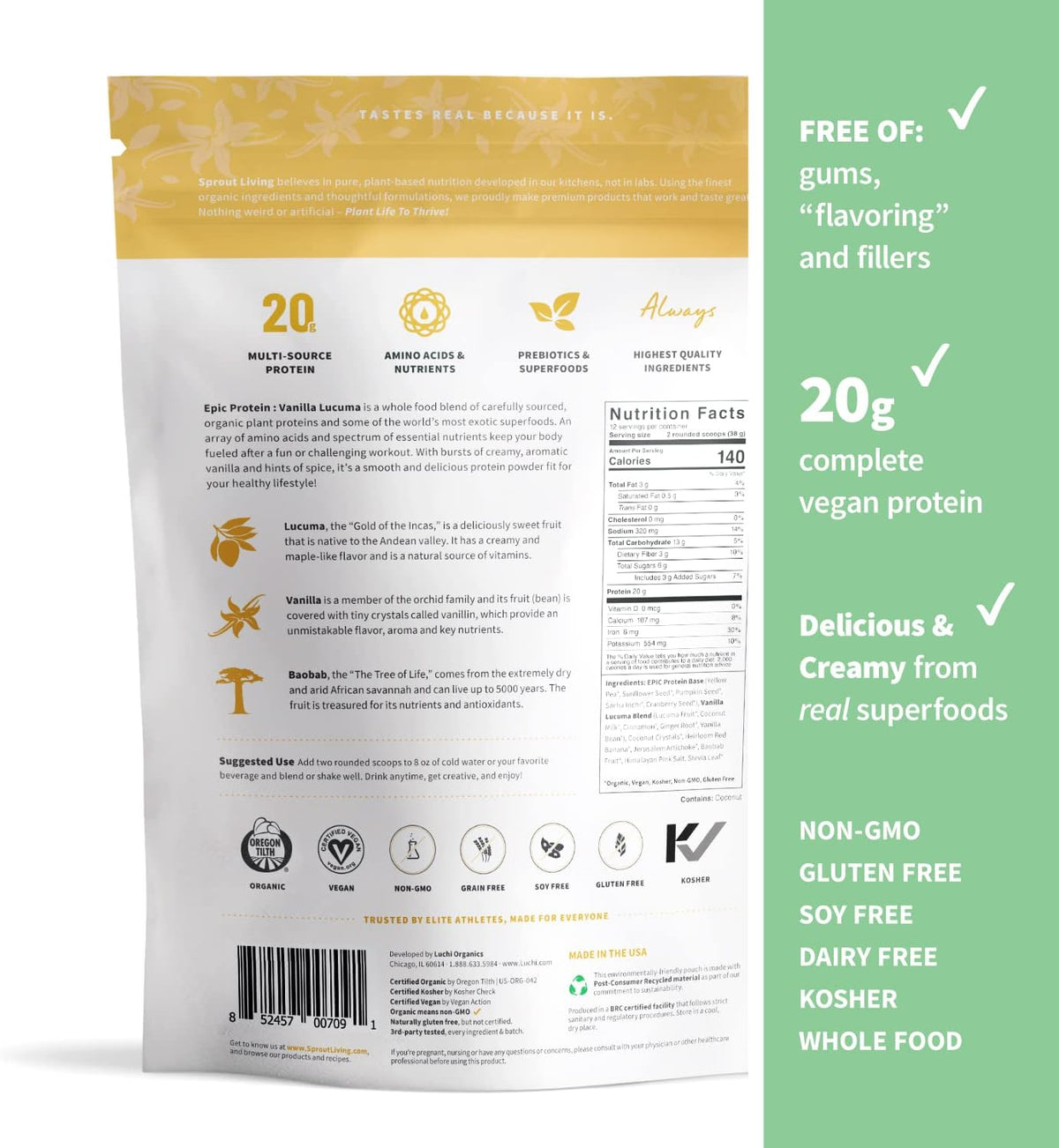Sprout Living Epic Protein Bundle - Original, Chocolate Maca & Vanilla Lucuma (20-26g Organic Plant-Based Protein Powder, Vegan, Superfoods) | 1lb, 12 Servings
