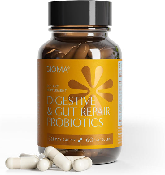 BIOMA Probiotics for Digestive Health 10 Billion CFU - 5-in-1 Gut Health Supplement with Prebiotics & Enzymes - Bloating Relief for Women & Men - Delayed Release (60 Capsules - 30 Day Supply)
