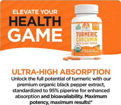 Organic Turmeric Curcumin with Black Pepper Extract 2000mg - High Absorption Ultra Potent Supplement - 95% Curcuminoids - Vegan, Non GMO - 120 Capsules