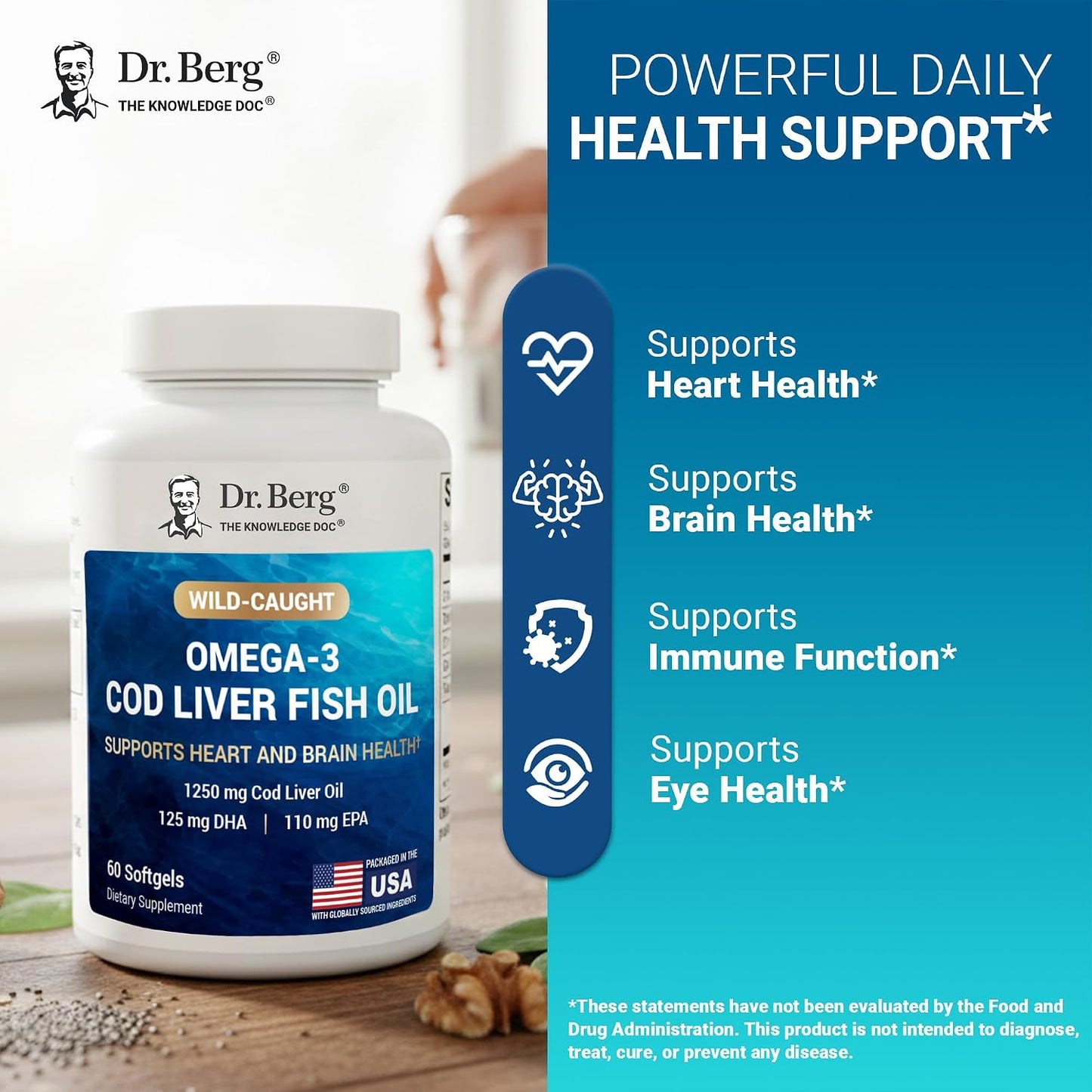 Dr. Berg Omega-3 Cod Liver Fish Oil 60 Softgels – Wild-Caught Icelandic Cod – Omega 3 EPA & DHA – Heart, Brain, Immune & Eye Support* – Lemon Flavor – 4X Lab-Tested – Non-GMO, No Fillers
