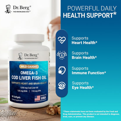 Dr. Berg Omega-3 Cod Liver Fish Oil 60 Softgels – Wild-Caught Icelandic Cod – Omega 3 EPA & DHA – Heart, Brain, Immune & Eye Support* – Lemon Flavor – 4X Lab-Tested – Non-GMO, No Fillers