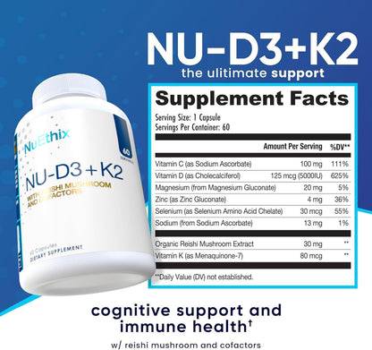 NuEthix Formulations NU-D3 + K2 - Vitamin D3 and K2 5000 iu Supplements - Packed with Reishi Mushroom, Magnesium, & Zinc - 60ct, 60 Servings - Made in USA Products Only