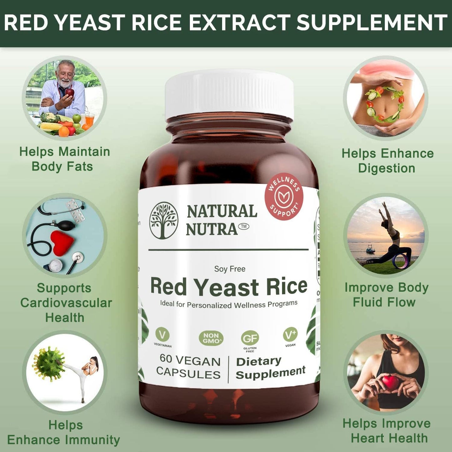 Natural Nutra Red Yeast Rice Extract, Cardiovascular Support, Helps Enhance Immunity, Improve Digestion, Improve Body Fluid Flow, Improve Heart Health, Gluten Free Supplements, 600 mg 60 Capsules