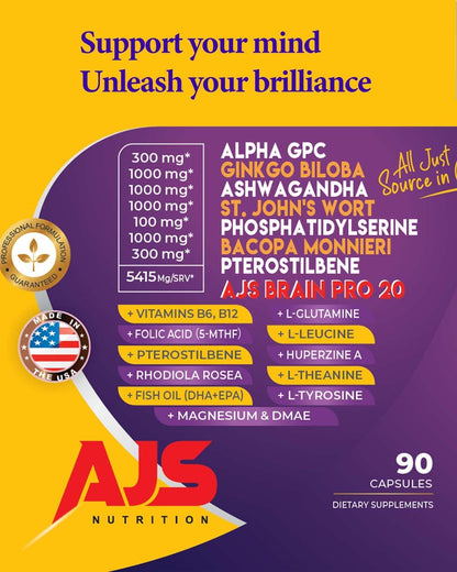 AJS Alpha GPC Nootropic Brain Supplement with Bacopa, 90 Capsules