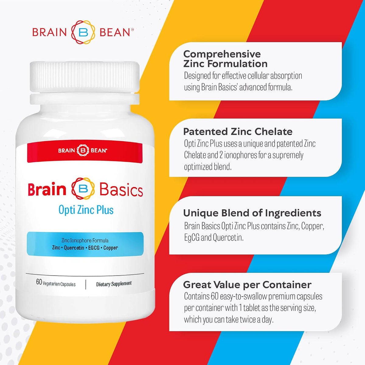 Brain Basics Opti Zinc Plus - Zinc Supplement with Quercetin, EGCG, and Copper. Immune Support Formula - 60 Capsules