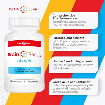 Brain Basics Opti Zinc Plus - Zinc Supplement with Quercetin, EGCG, and Copper. Immune Support Formula - 60 Capsules