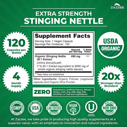 Zazzee USDA Organic Stinging Nettle Leaf 20:1 Extract, 120 Vegan Capsules, 4 Month Supply, Urtica Dioica, Respiratory, Immune & Seasonal Wellness Support, Organic Herbal Supplement, Made in the USA