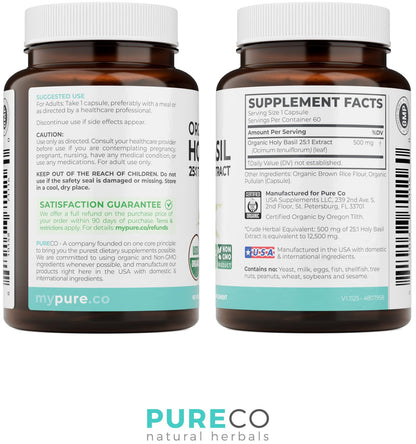 PURE CO USDA Organic Holy Basil Supplement – High Potency Organic Holy Basil 500mg 25:1 Extract 1 Capsule Per Serving – High Strength Tulsi Extract – 60 Vegan Capsules – Non-GMO & Made in USA