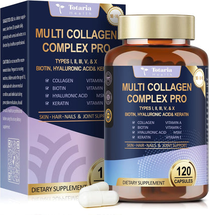 18-in-1 Collagen Pro with Hyaluronic Acid, Keratin, Biotin, VIT A C & E for Skin, Hair, Nails, Joint & Beauty - Multi Collagen Peptides Capsules with Type I II III V & X for Women & Men - 120 Caps
