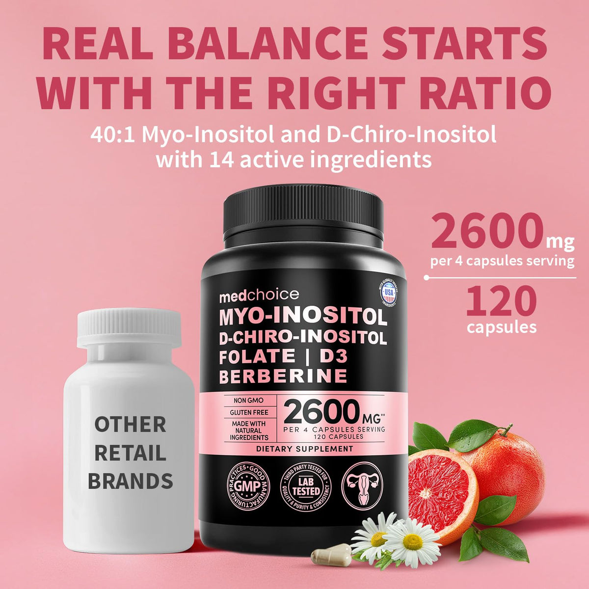 MEDCHOICE Myo-Inositol 40:1 Supplement with Folate, Vitamin D3, 120 ct