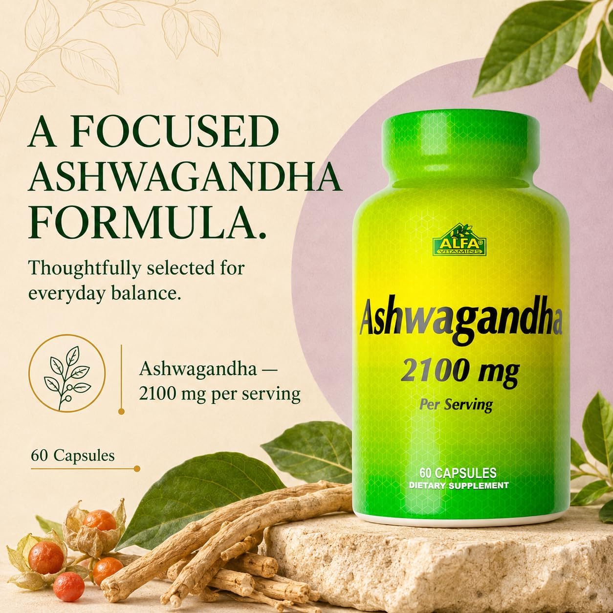 ALFA VITAMINS Ashwagandha Vitamin Supplement, 2,100 mg Pure Ashwagandha Root Powder & Extract, Supports Digestion, Immune System, Joint, Heart & Muscle Health, Gluten Free, Non GMO, 90 Capsules