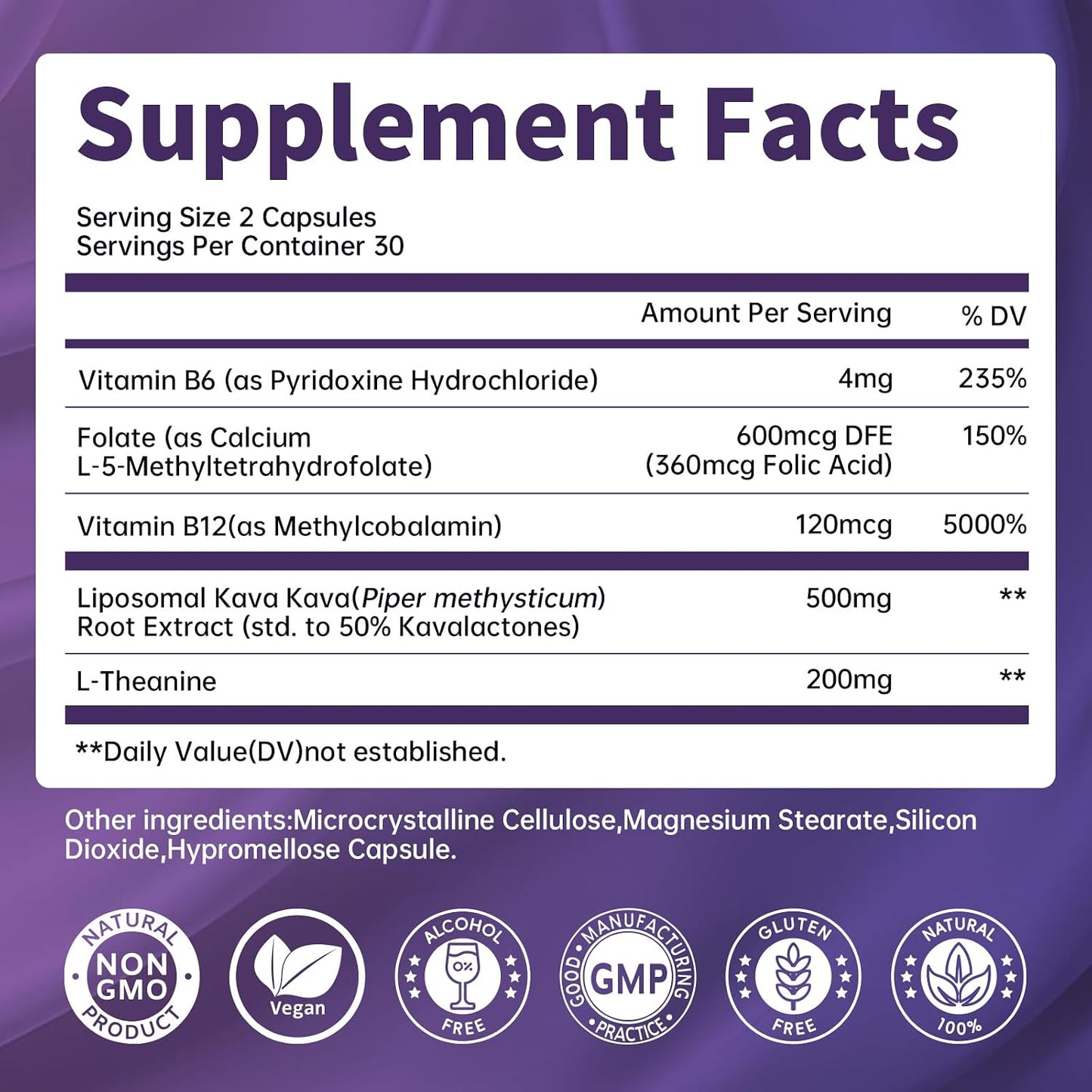 Liposomal Kava Kava Root Extract with L-Theanine, Calm & Sleep, 60 Capsules | 50% Kavalactones, 200mg L-Theanine, Vitamin B6 & B12 for Mood & Cognitive Support