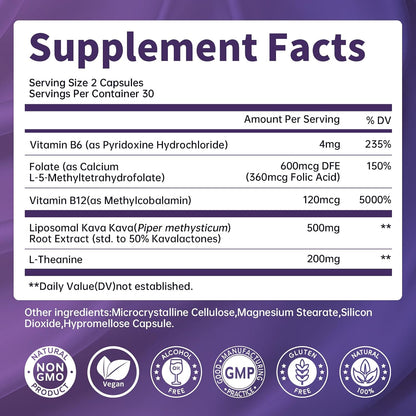 Liposomal Kava Kava Root Extract with L-Theanine, Calm & Sleep, 60 Capsules | 50% Kavalactones, 200mg L-Theanine, Vitamin B6 & B12 for Mood & Cognitive Support