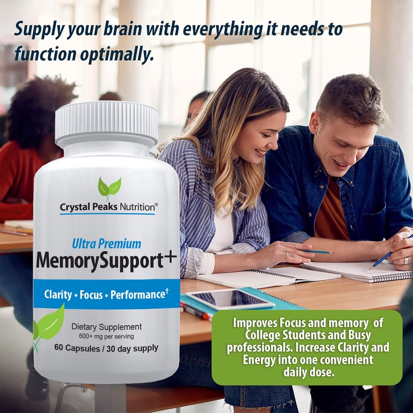 Memory Boost + Brain Support Supplement – Nootropic for Focus, Concentration, Memory. Enhanced Energy, Recall and Alertness - 60 Capsules/30-day Supply.