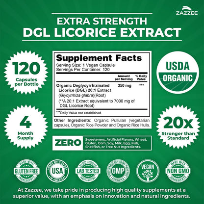 Zazzee USDA Organic DGL Licorice 20:1 Extract, 120 Vegan Capsules, 4 Month Supply, Deglycyrrhizinated Licorice Root, Glycyrrhiza Glabra, Digestive & Stomach Support, All-Natural, Non-GMO, Made in USA