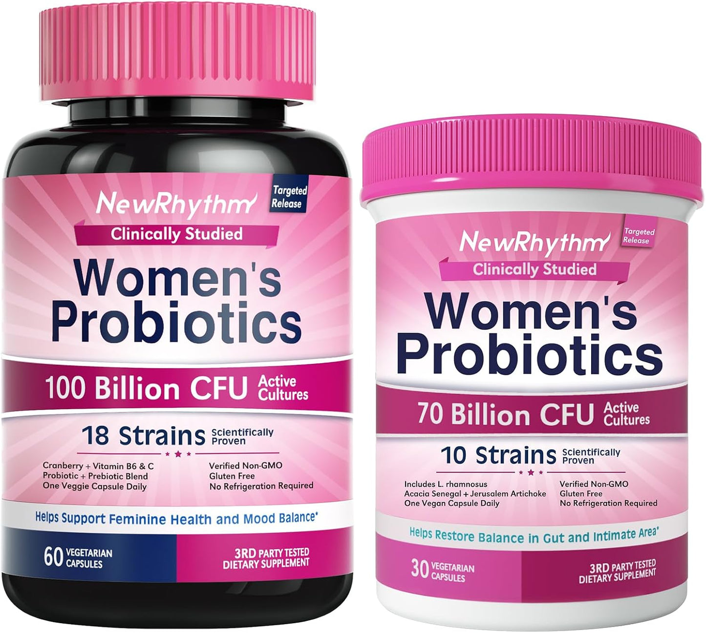 NewRhythm VagFlora Carefree Bundle, Women's Probiotics 100 Billion CFU & Women's Probiotics 70 Billion CFU, PH Balance, Vaginal, Urinary & Digestive Health, Non-GMO