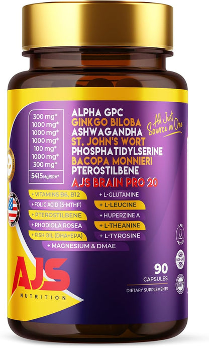 AJS Alpha GPC Nootropic Brain Supplement with Bacopa, 90 Capsules