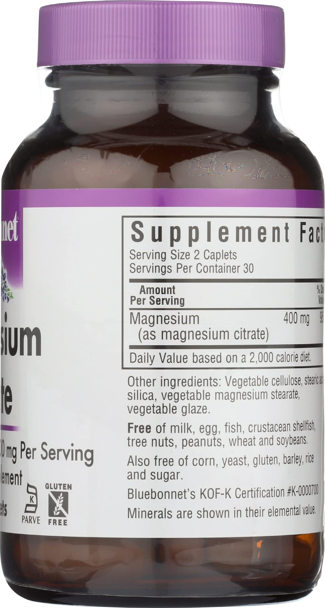 Bluebonnet Nutrition Magnesium Citrate, 400mg of Magnesium, Maximum Absorption, Supports Immune Health & Energy Production*, Soyfree, Gluten-Free, Non-GMO, Kosher, Dairy Free, Vegan, 120 Caplets