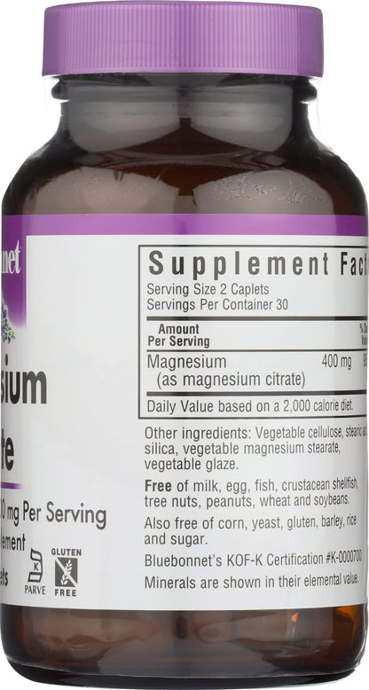 Bluebonnet Nutrition Magnesium Citrate, 400mg of Magnesium, Maximum Absorption, Supports Immune Health & Energy Production*, Soyfree, Gluten-Free, Non-GMO, Kosher, Dairy Free, Vegan, 120 Caplets