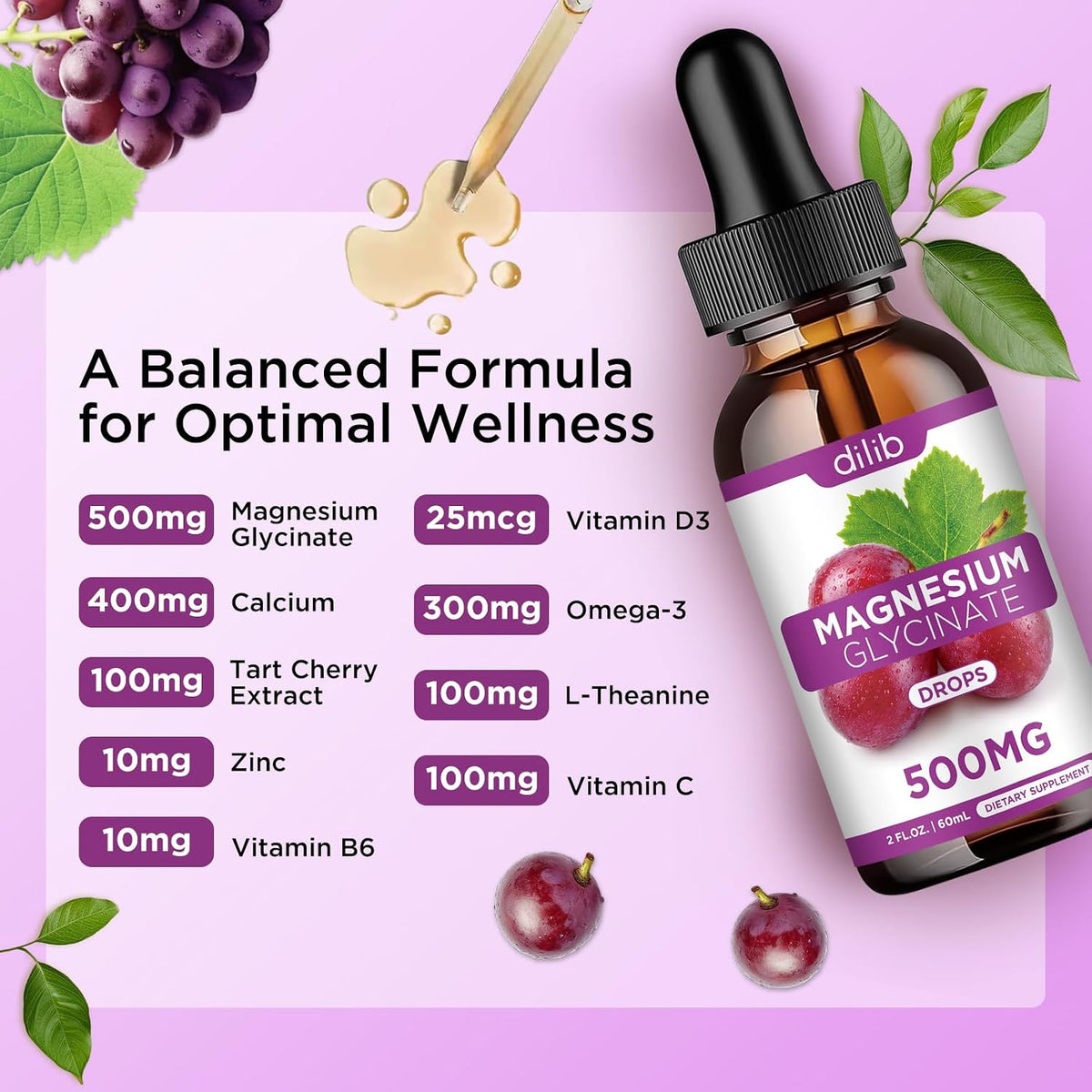 Magnesium Glycinate Liquid Drops, Magnesium Glycinate Supplement 500mg with Calcium, Zinc, Vitamin B6, D3, L-Theanine, Omega 3 for Sleep, Mood, Stress Relief, Bone, Muscle, Grape Flavor 2 Fl Oz