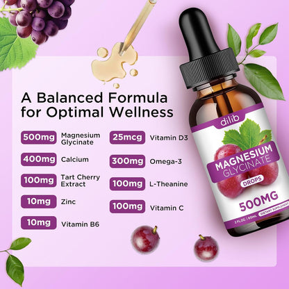 Magnesium Glycinate Liquid Drops, Magnesium Glycinate Supplement 500mg with Calcium, Zinc, Vitamin B6, D3, L-Theanine, Omega 3 for Sleep, Mood, Stress Relief, Bone, Muscle, Grape Flavor 2 Fl Oz