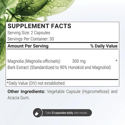 Supersmart - Magnolia Bark Extract (Max Strength) 300mg per Day - 90% Honokiol & Magnolol - Magnolia Bark Supplement | Non-GMO & Gluten Free - 60 Vegetarian Capsules