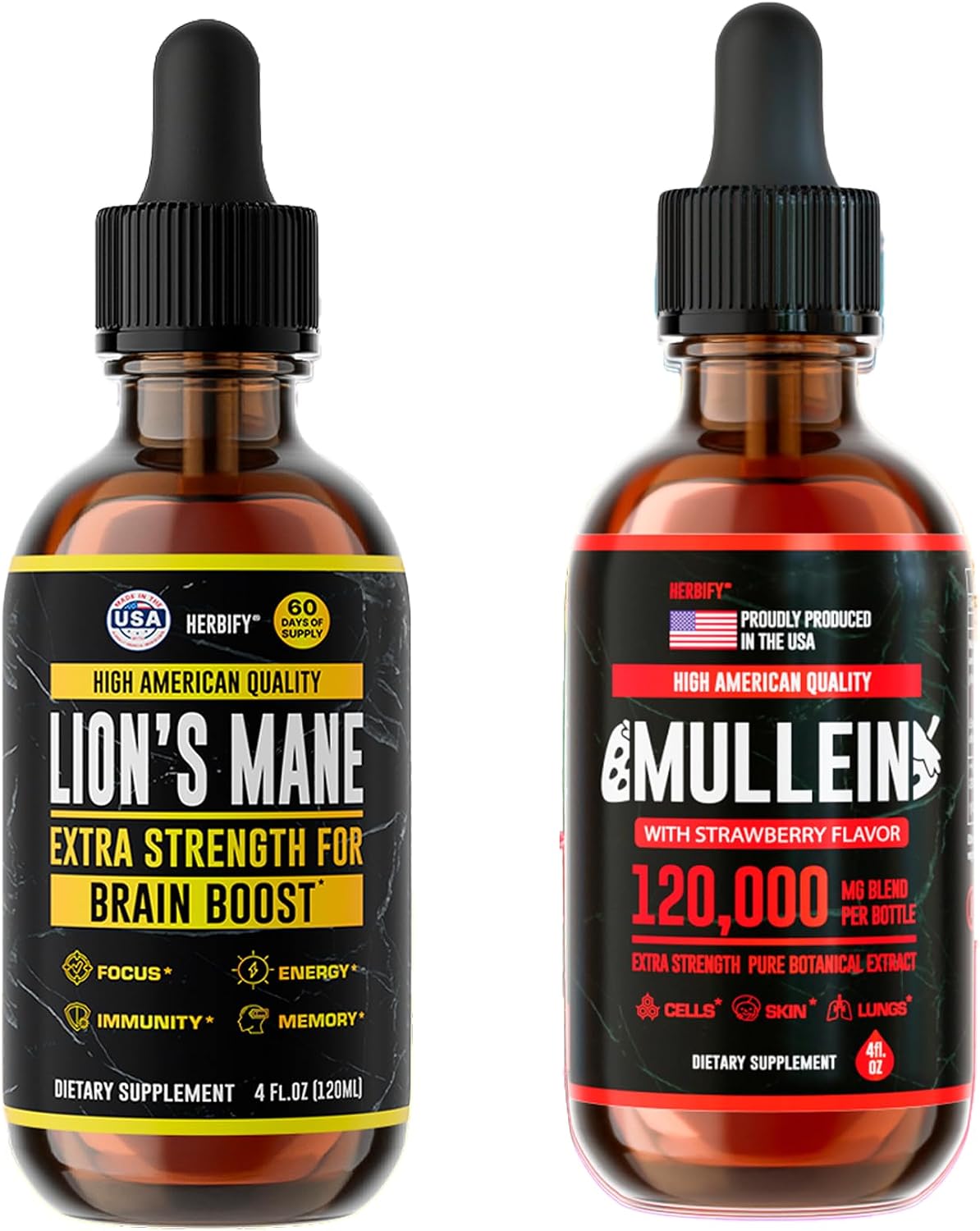 HERBIFY Bundle - Lions Mane & Mullein 4 Fl Oz Strawberry Drops - Supplement for Memory, Focus & Clarity & Immune Support, Lung Cleanse and Bronchial Support