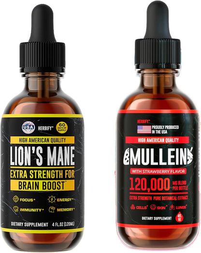 HERBIFY Bundle - Lions Mane & Mullein 4 Fl Oz Strawberry Drops - Supplement for Memory, Focus & Clarity & Immune Support, Lung Cleanse and Bronchial Support