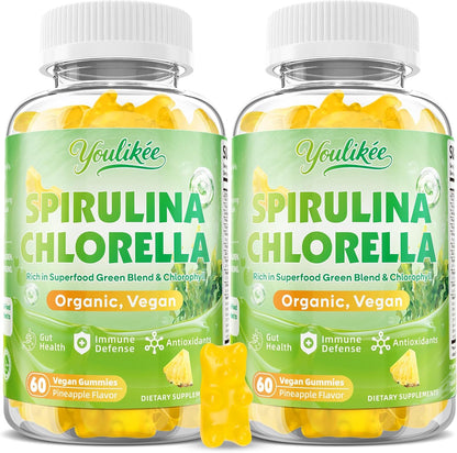 2 Pack Spirulina Chlorella Gummies, Supports Daily Energy & Immune System | Super Greens Blend with Protein, Chlorophyll, Vitamin C, D3, B12, Zinc, Pineapple Flavor, 120 Count