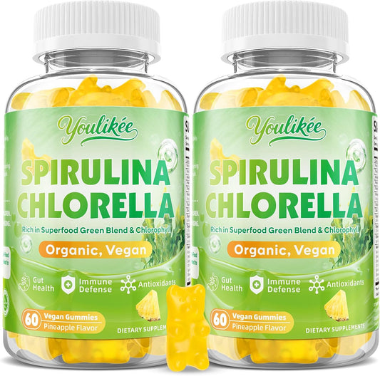 2 Pack Spirulina Chlorella Gummies, Supports Daily Energy & Immune System | Super Greens Blend with Protein, Chlorophyll, Vitamin C, D3, B12, Zinc, Pineapple Flavor, 120 Count