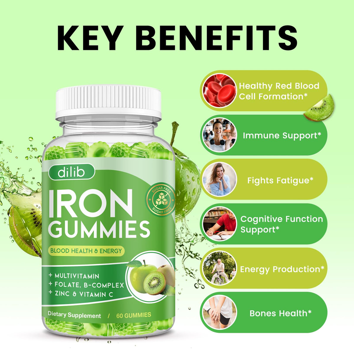 Iron Gummies with Multivitamin, Iron Supplement for Women & Men with Zinc, Vitamin B Complex & C, B12, Folate - Blood Builder & Energy Support for Adults & Kids - Strawberry Flavor, Vegan 60 Gummies
