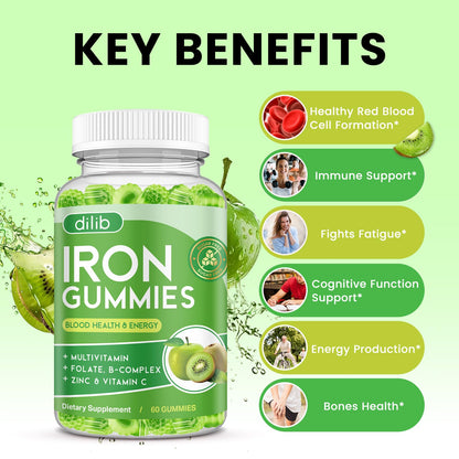 Iron Gummies with Multivitamin, Iron Supplement for Women & Men with Zinc, Vitamin B Complex & C, B12, Folate - Blood Builder & Energy Support for Adults & Kids - Strawberry Flavor, Vegan 60 Gummies