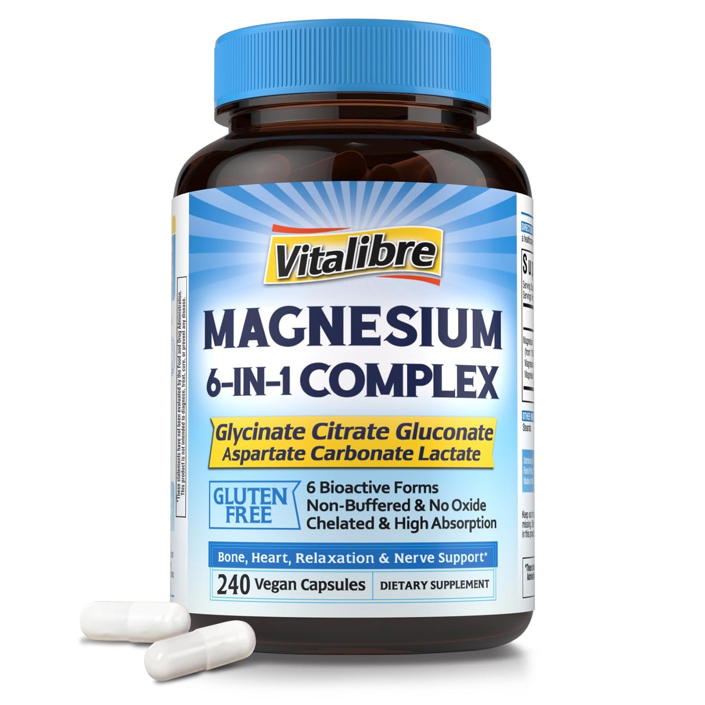 Vitalibre 6 in 1 Magnesium Complex for Women Men, 260mg Elemental Magnesium | Max Absorption | Chelated Magnesium Supplement for Bone, Relaxation & Nerves Support | Non-GMO, 120 Vegan Capsules