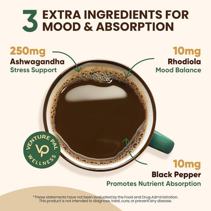 Venture Pal 16 in 1 Mushroom Powder 1730mg Adaptogenic Mushrooms Supplement | 100% Fruiting Body Coffee Alternative with Lion's Mane, Chaga, Reishi, Support Immune, Focus & Energy, 90 Servings