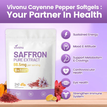 Saffron Supplements Softgels, Saffron Extract Capsules Supports Eyes Health, Energy, Mood, Immunity, Focus, Rich in Vitamin and Extracts of Saffron, Turmeric, Rosemary (240 Softgels / 1 Bag)