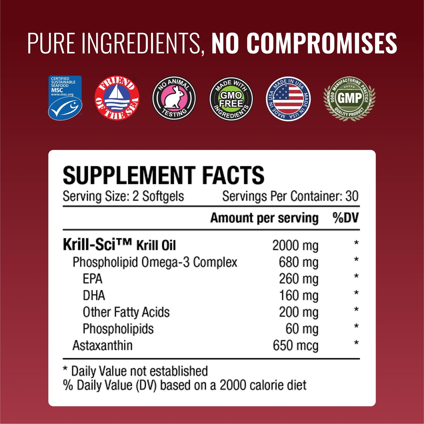 Approved Science Krill Oil - 2000mg Antarctic Krill Oil, 650mcg Astaxanthin - 260mg EPA, 160mg DHA - 180 Softgels