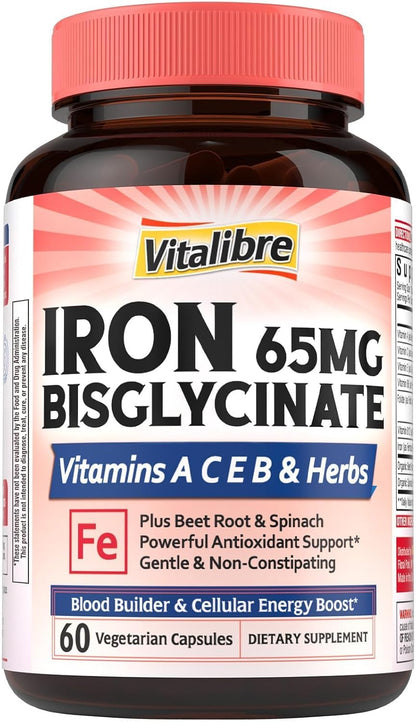 Vitalibre Iron Supplement for Women and Men, Iron Bisglycinate, 65mg Elemental Iron, Non-Constipating, with Vitamins C B6 B12 Folate & Beet Root, 60 Caps