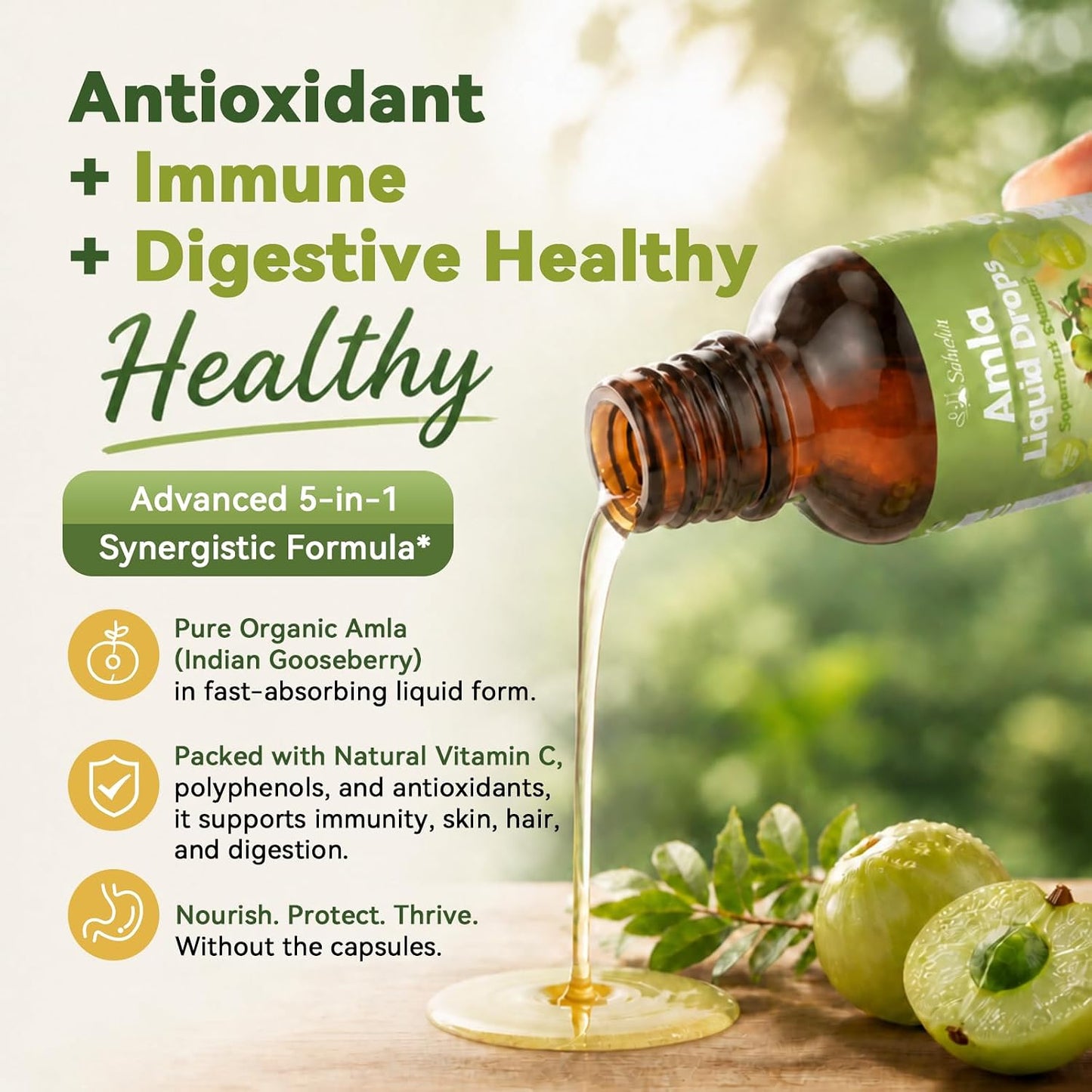 Organic Amla Liquid Drops, Indian Gooseberry Amla Superfruit Extract 1000mg | Advanced 5-in-1 Amla Herbal w. Ashwagandh Turmeric Tulsi for Antioxidant Energy & Digestive Hair Ayurvedic Daily Wellness
