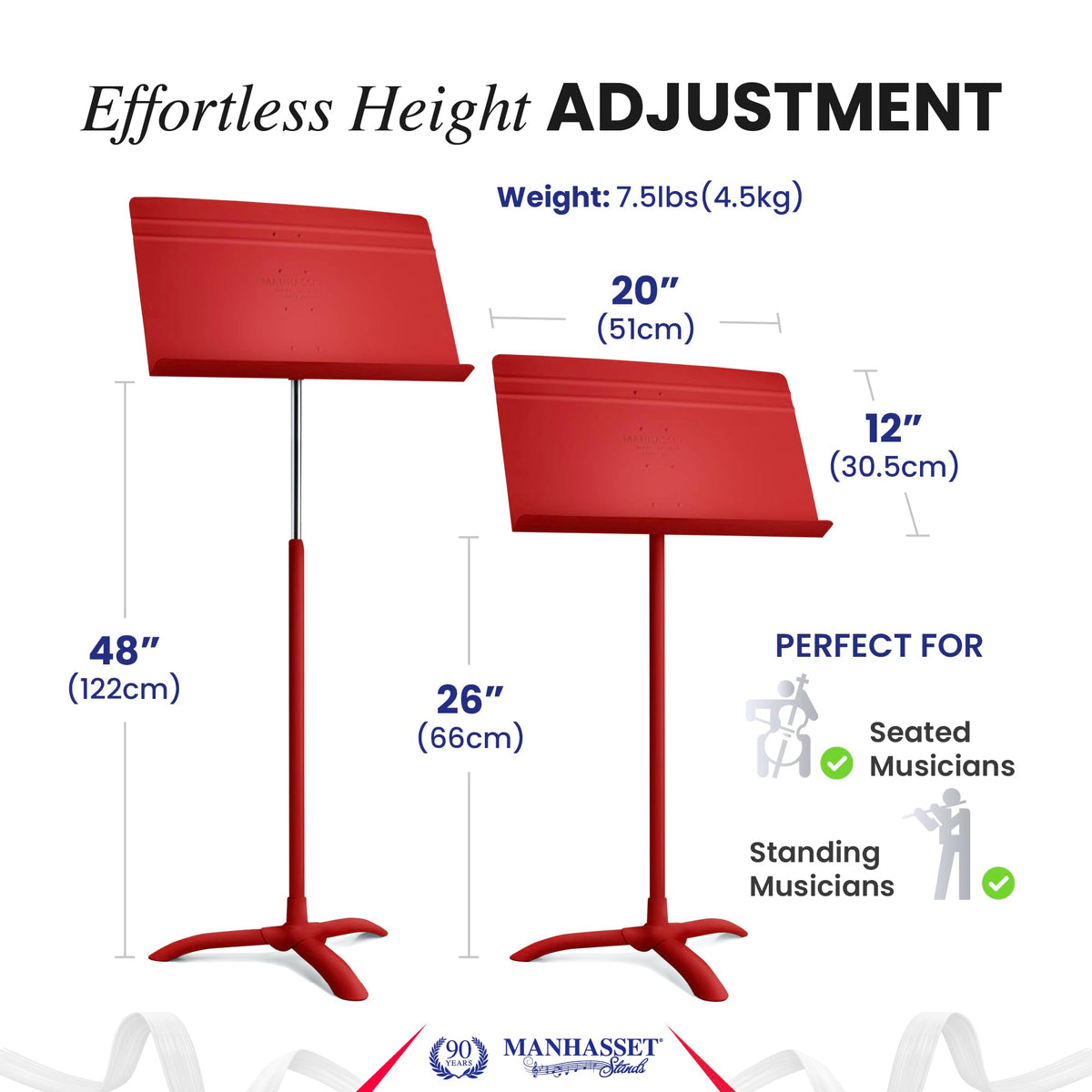 Manhasset Music Stand for Sheet Music - 48 Symphony Model - Long Lasting, Durable Manhasset Stand - Adjustable Height - 26" to 48" - Made in the USA